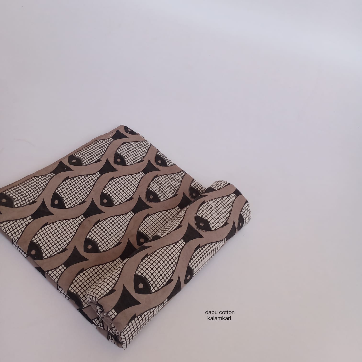 Brown fish print Dabu cotton handblock fabric, slow-made artisan textile, B2B-ready MOQ 1 Thaan